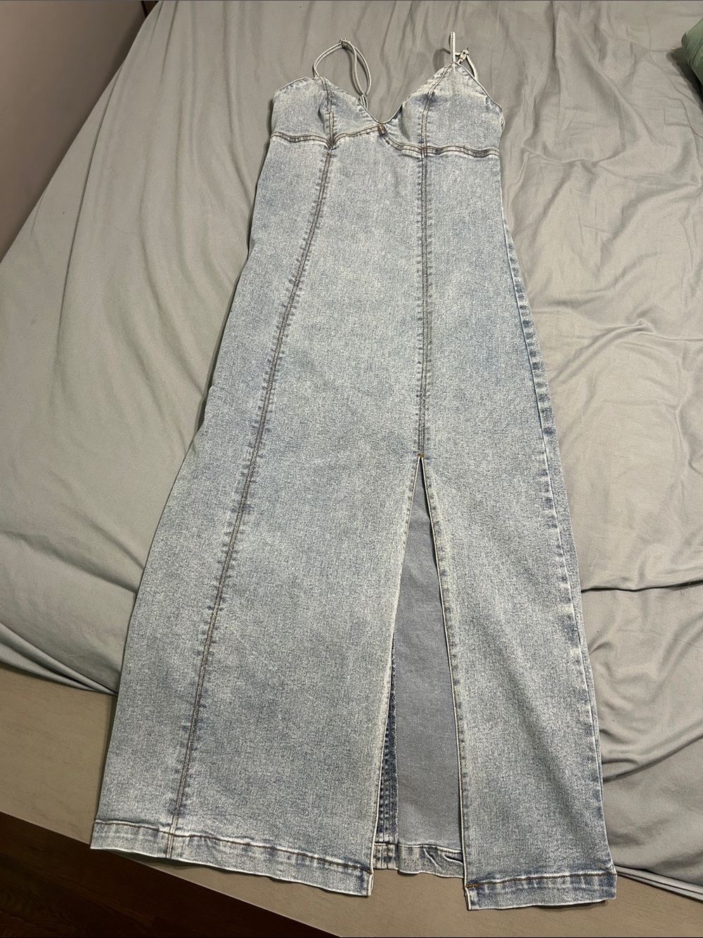 Habitual Light Blue Denim Maxi Slip Dress with Front Slit